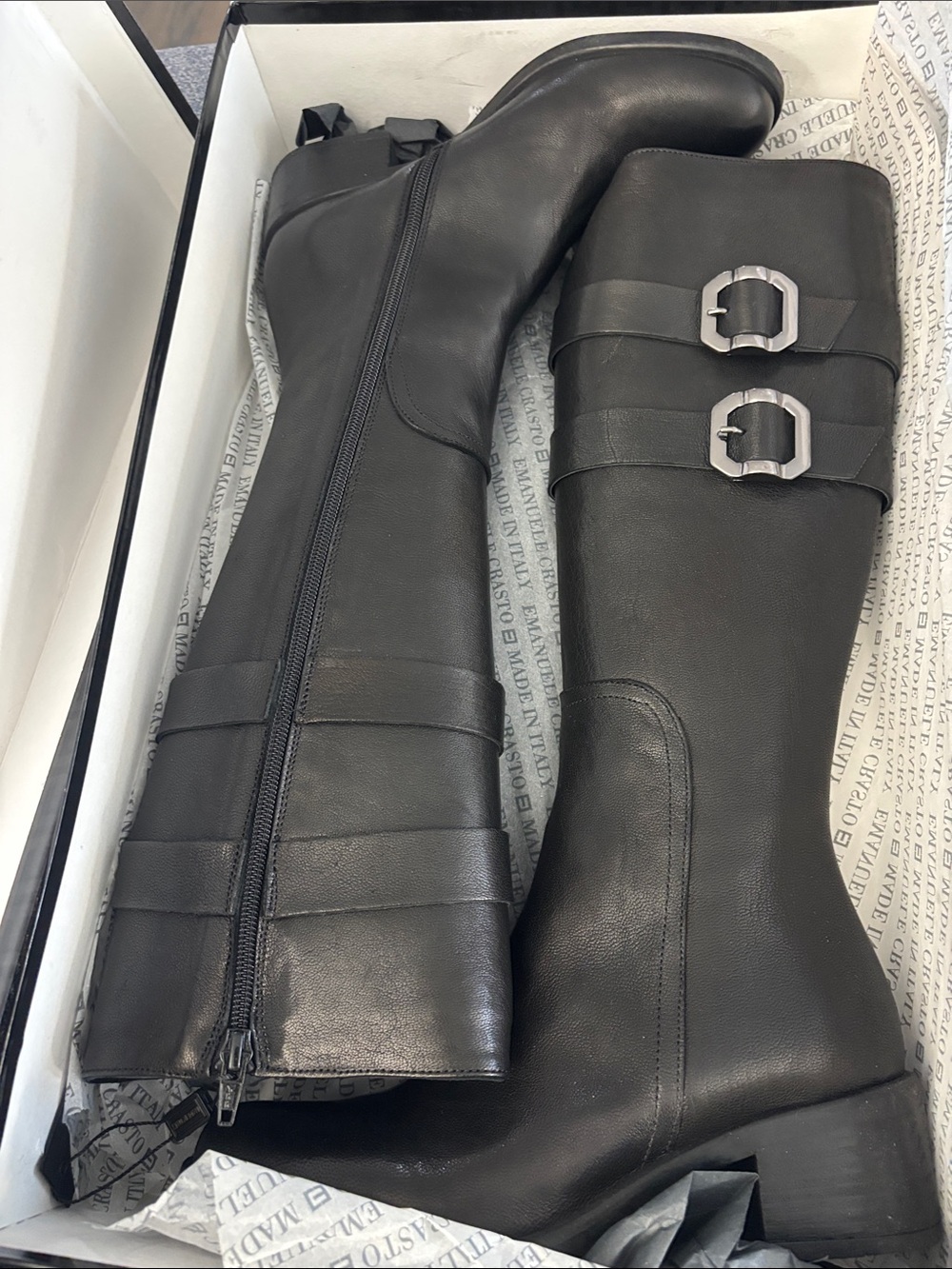 Over-The-Knee Black Leather Riding Boots with Buckle Straps